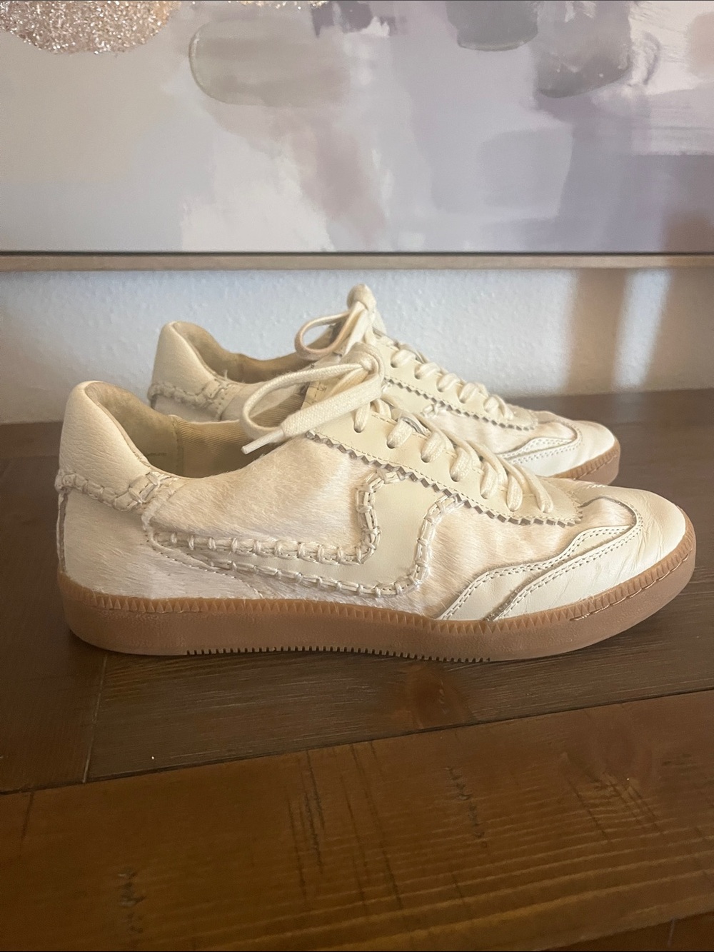 Dolce Vita Off-White Cow Hide Leather Low-Top Sneakers with Light Tan Sole